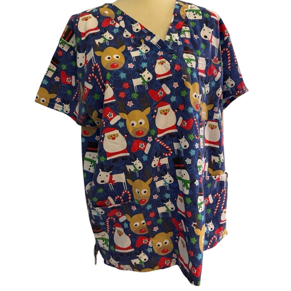 I Love Scrubs Womens Christmas Scrub Top Size L Blue Reindeer, Santa and dogs